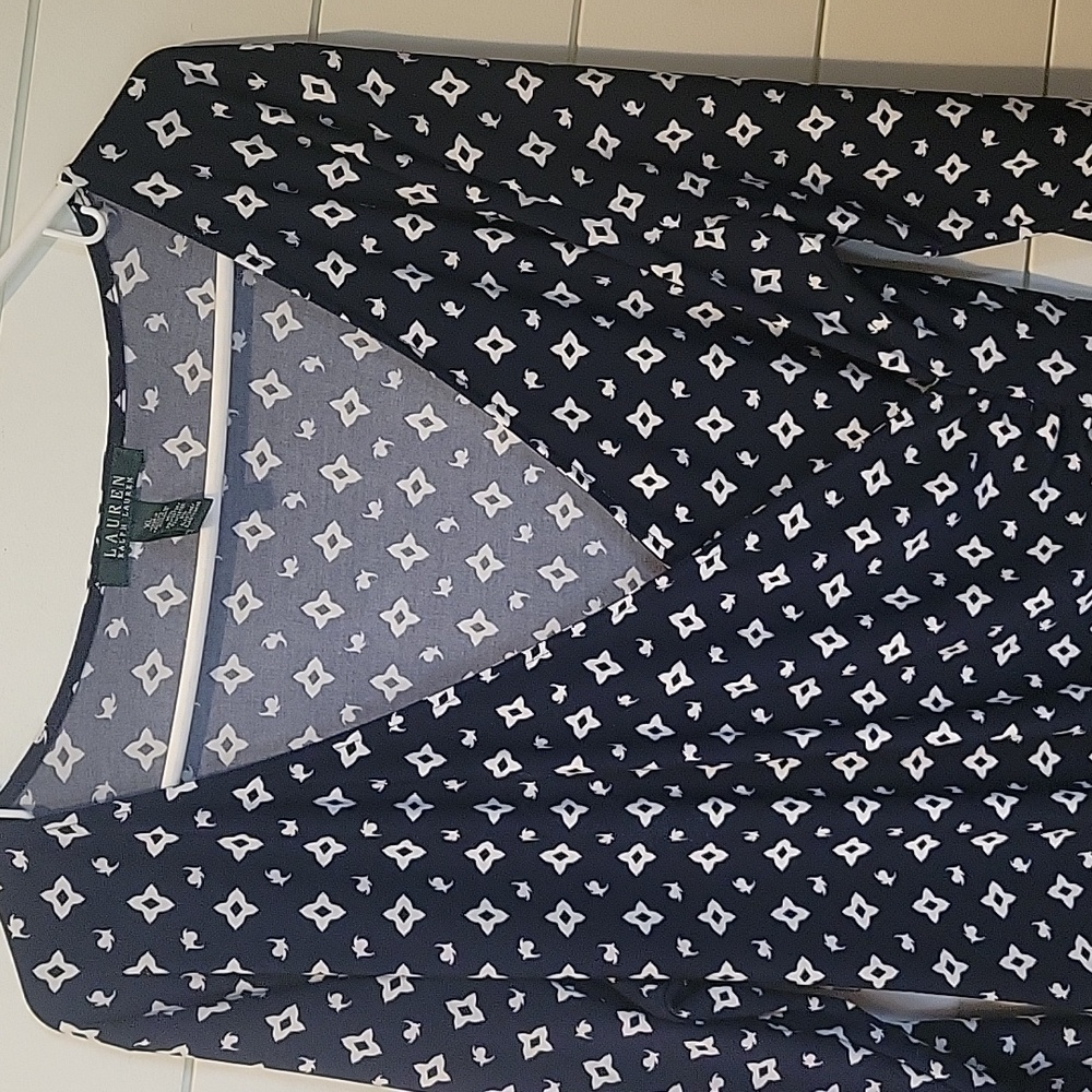 LAUREN RALPH LAUREN RUCHED DRESS  XL  NAVY/WHITE - Picture 2 of 14